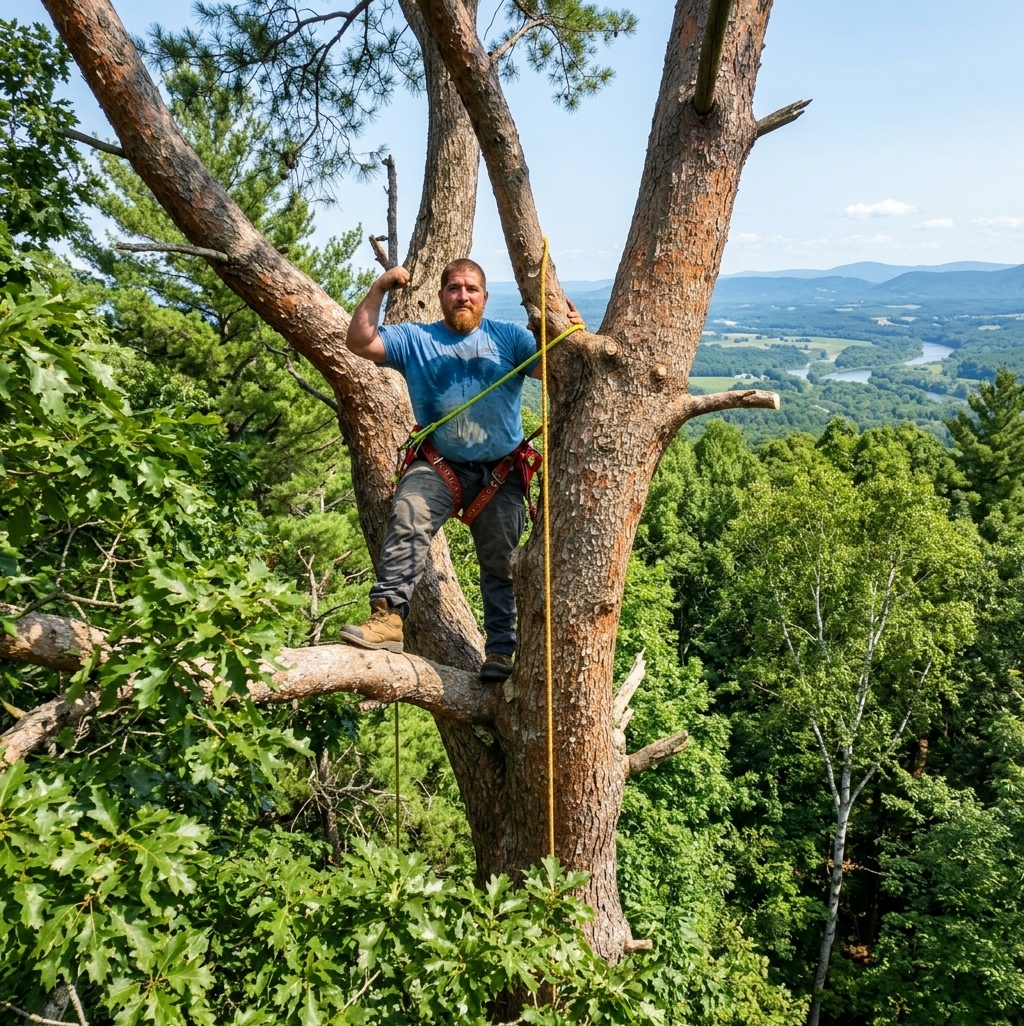 Angel's Tree Services climber performing high canopy pruning